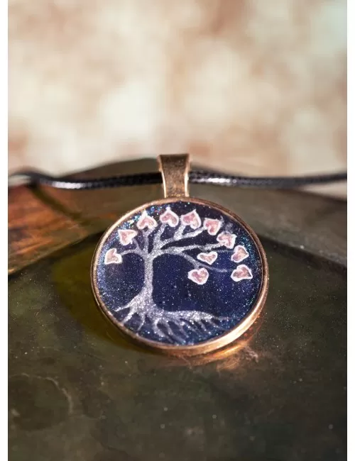 Kette mit Anhänger - Baum des Lebens, handgemalt, Edelstahl-45cm