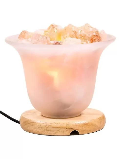 Lampe - Salzkristall - Tulpenform-Glasschale auf Holzsockel