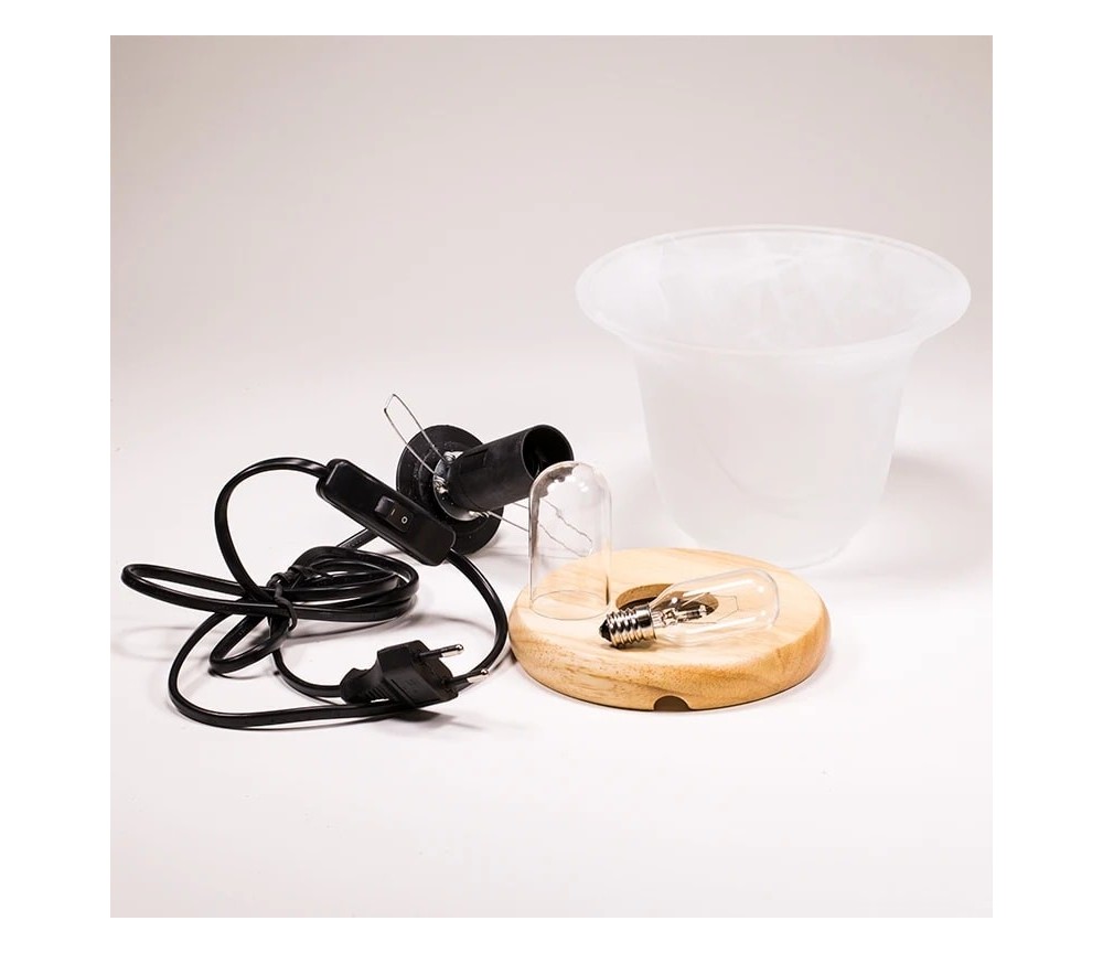 Lampe - Salzkristall - Tulpenform-Glasschale auf Holzsockel