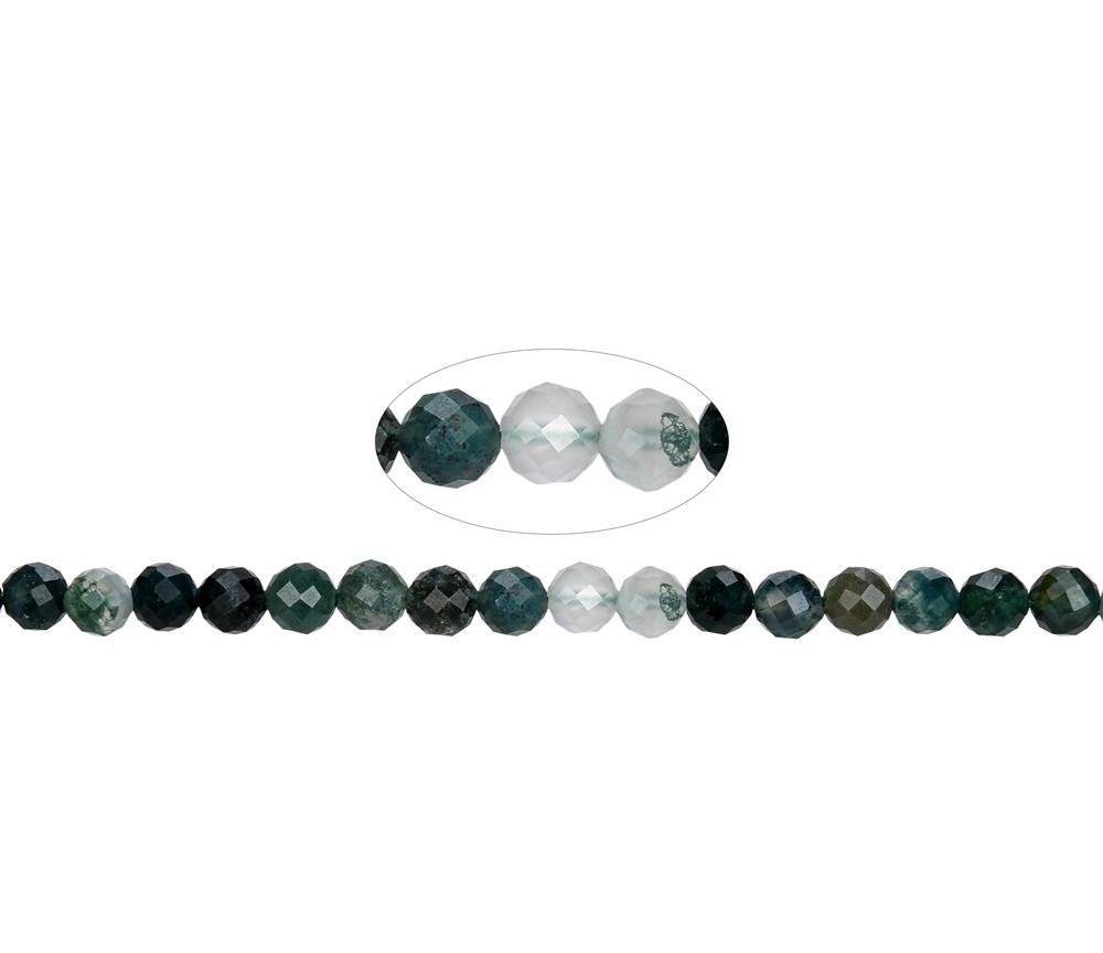 Heilstein & Edelstein-Strang - Kugeln, Moosachat, facettiert, 06mm
