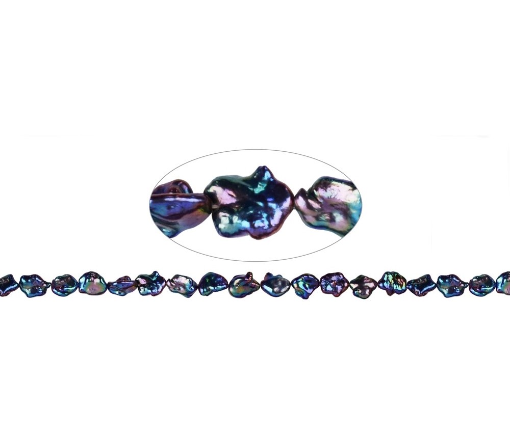 Heilstein & Edelstein-Strang - Freeform Stern/Blüte, Süßwasser-Perle, petrol (gef.), 12-15mm