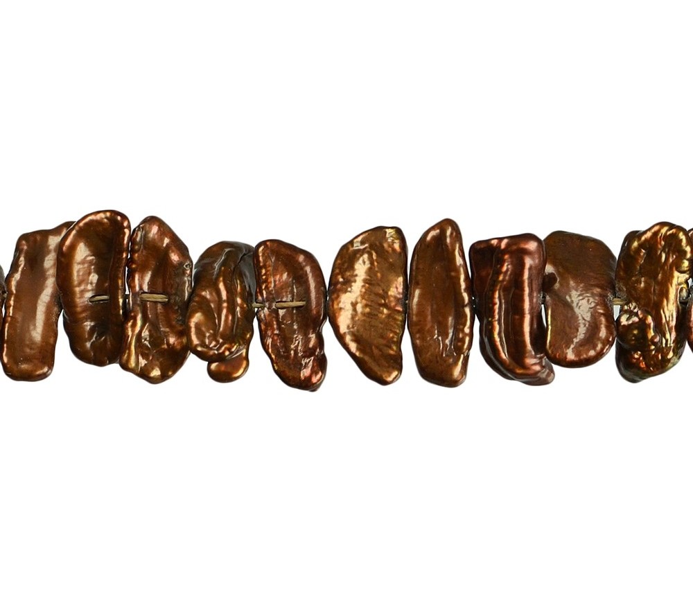 Heilstein & Edelstein-Strang - flach, Süßwasser-Perle AB, braun (gef.), 06 x 15-18mm