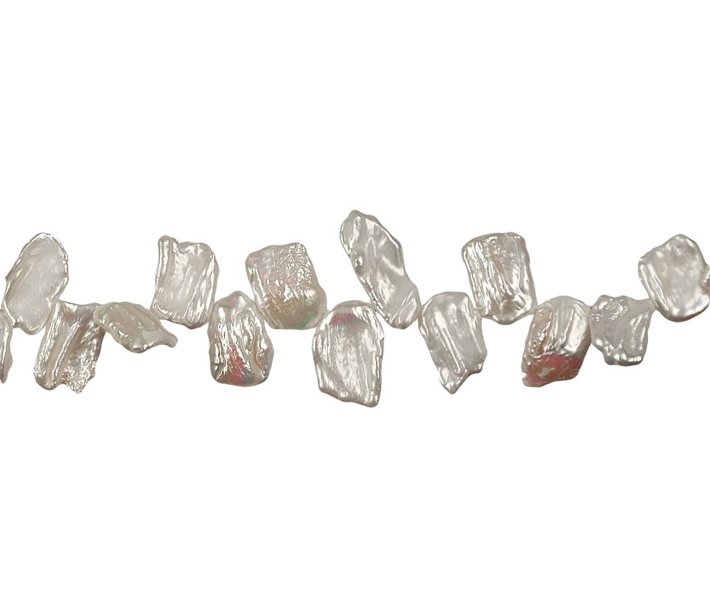 Heilstein & Edelstein-Strang - flach, Süßwasser-Perle weiß, ca. 08 - 12 x 14 - 20 x 03 - 04mm