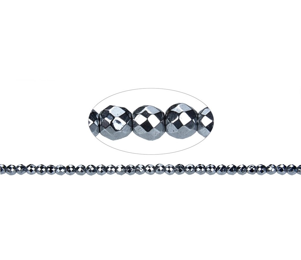 Heilstein & Edelstein-Strang - Kugeln, Hämatin silber (gef.), facettiert, 02mm