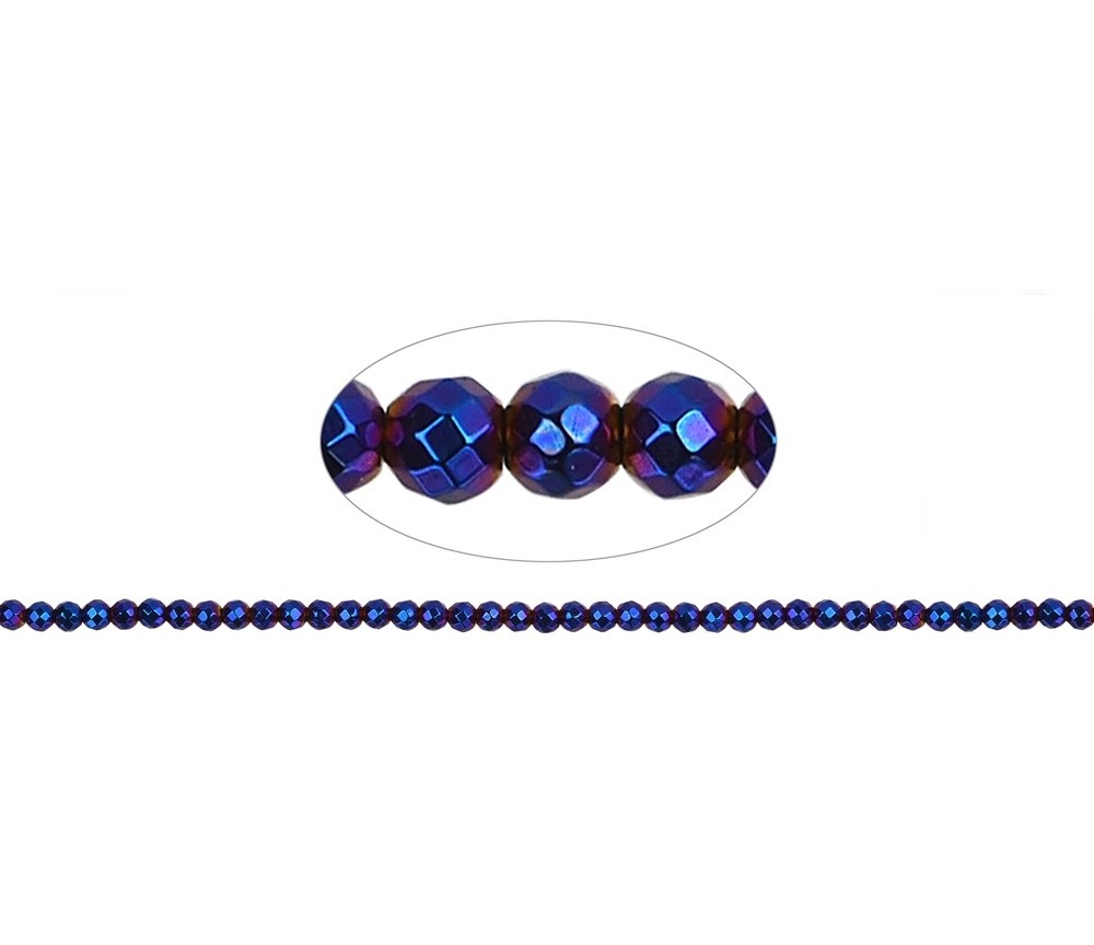 Heilstein & Edelstein-Strang - Kugeln, Hämatin blau (gef.), facettiert, 03mm