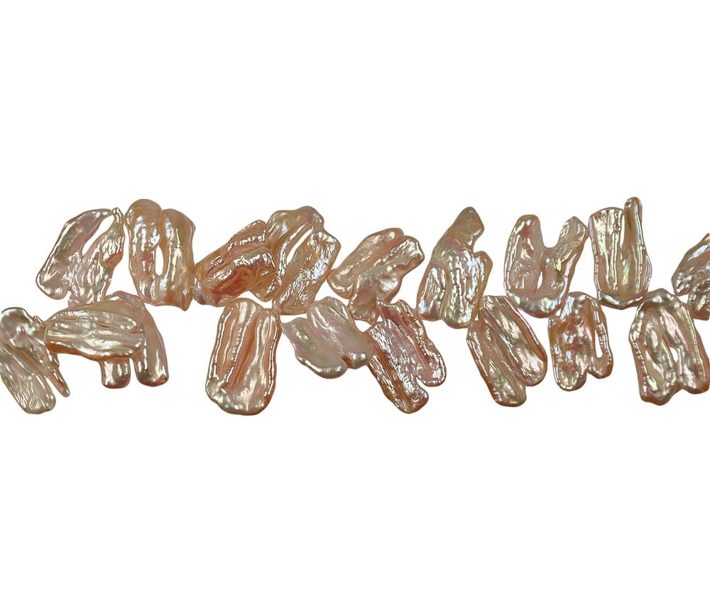 Heilstein & Edelstein-Strang - flach, Süßwasser-Perle orange-rosa (natur), ca.12-15 x 20-25mm
