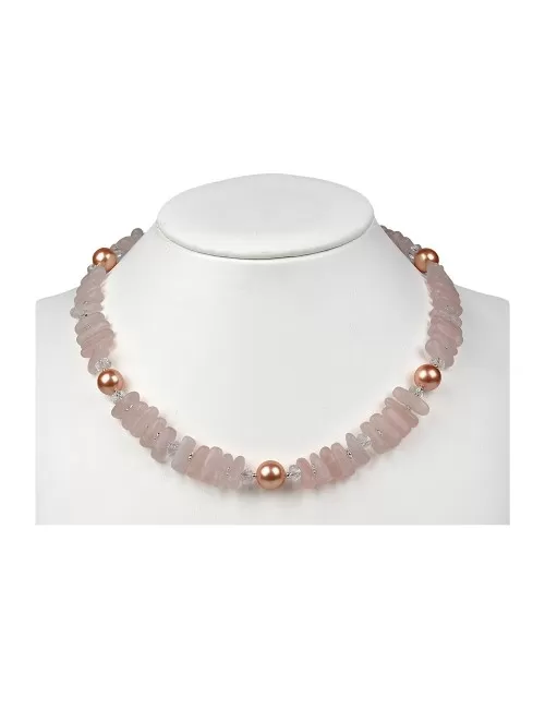 Halskette - Collier - Rosenquarz, Bergkristall, Muschelkernperle ( Rosa-Pink ), 45 - 51cm