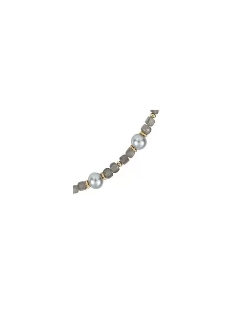 Halskette - Collier - Mondstein-Würfel, Perle, Silber vergoldet, Verlängerungskettchen