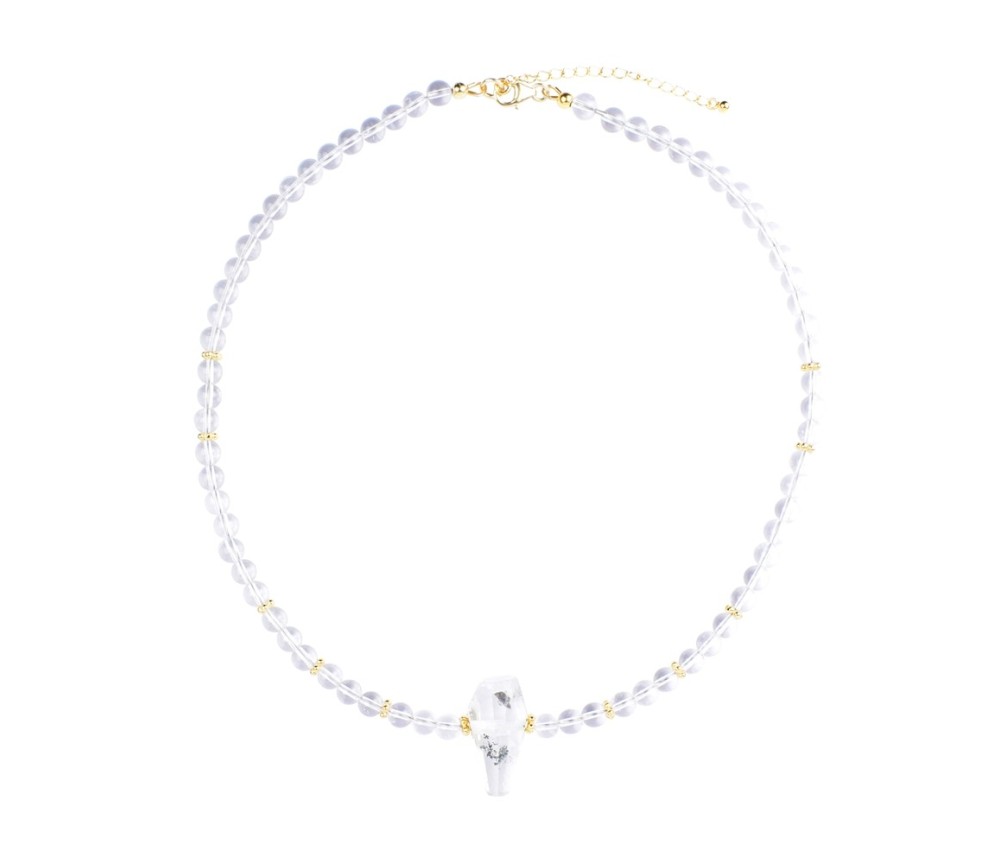 Halskette - Collier - Bergkristall, Kugeln, Inclusenquarz, vergoldet, Verlängerungskettchen