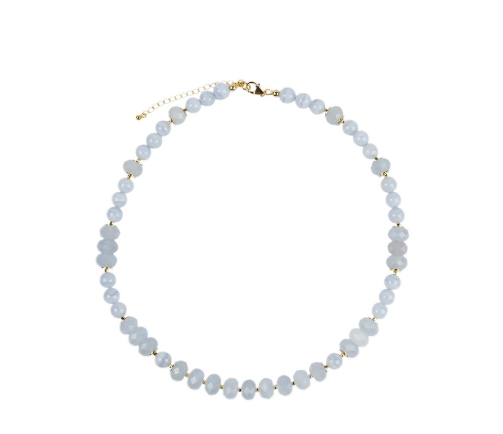 Halskette - Collier - Chalcedon, Button facettiert, vergoldet, Verlängerungskettchen