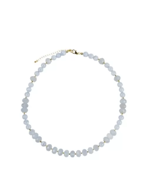 Halskette - Collier - Chalcedon, Button facettiert, vergoldet, Verlängerungskettchen