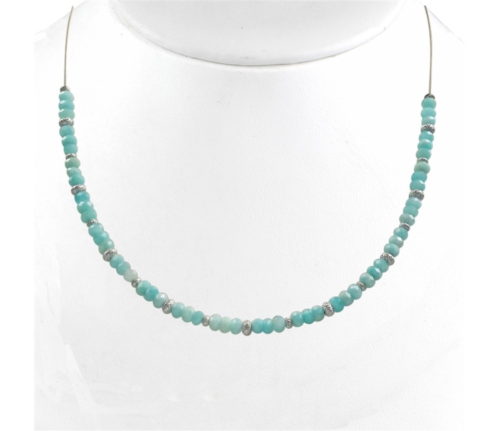 Halskette - Collier - Amazonit, Buttons, rhodiniert, Verlängerungskettchen