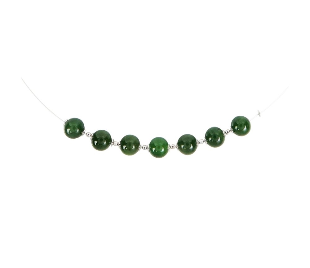 Halskette - Collier - Nephrit, Kugeln, rhodiniert, Verlängerungskettchen