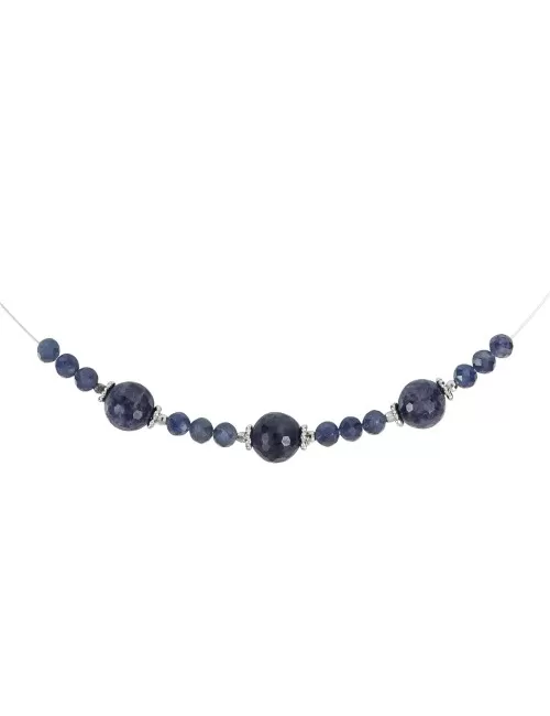 Halskette - Collier - Saphir, Kugeln, rhodiniert, Verlängerungskettchen
