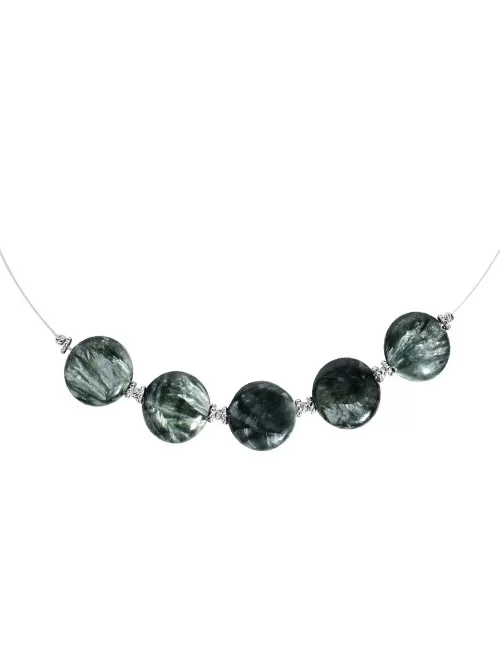 Halskette - Collier - Serafinit, Coin 16mm, rhodiniert, Verlängerungskettchen