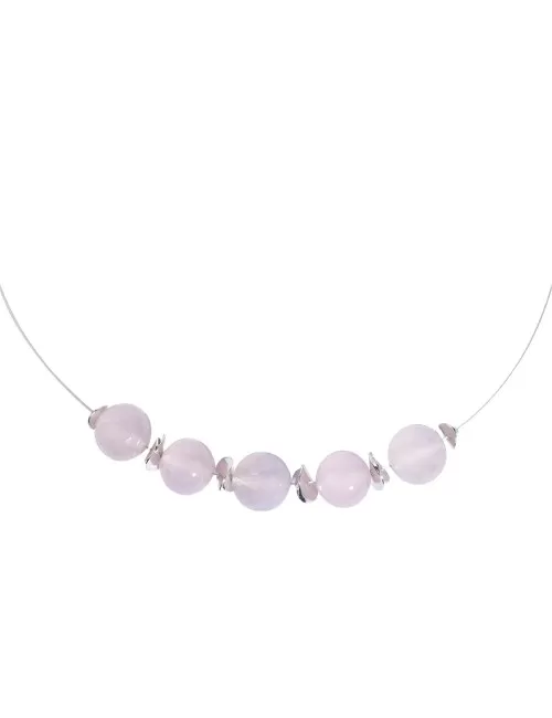 Halskette - Collier - Chalcedon (rosa), Kugeln, rhodiniert, Verlängerungskettchen