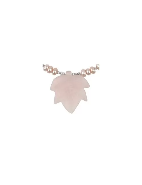 Halskette - Collier - Rosenquarz, Blatt, rhodiniert, Verlängerungskettchen