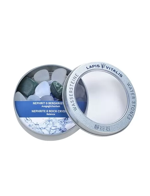 Lapis Vitalis - Wassersteine - Nephrit/Bergkristall - in Metall-Geschenkdose