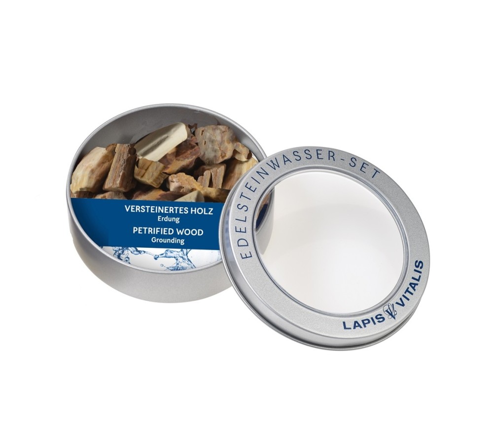 Lapis Vitalis - Wassersteine - versteinertes Holz - in Metall-Geschenkdose