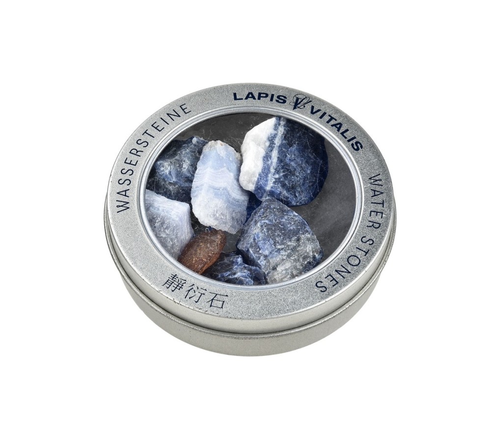 Lapis Vitalis - Wassersteine - Mischung - in Fluss kommen - in Metall-Geschenkdose  (Sodalith, Chalcedon, Bernstein)