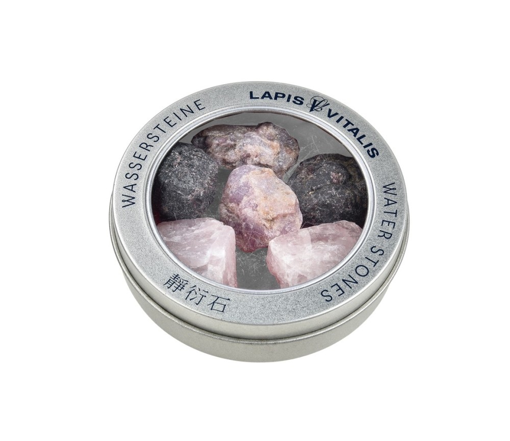 Lapis Vitalis - Wassersteine - Mischung -  Lebensfreude - in Metall-Geschenkdose   (Granat, Rubin, Rosenquarz)