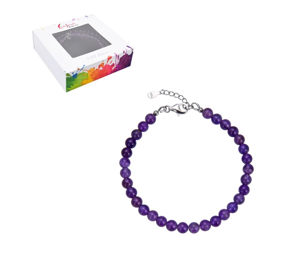 Armband - Amethyst, 6mm-Kugeln, Verlängerungskettchen, rhodiniert
