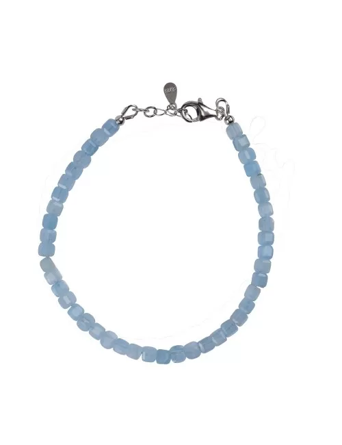 Armband - Aquamarin, 4mm-Würfel facettiert, Verlängerungskettchen, rhodiniert
