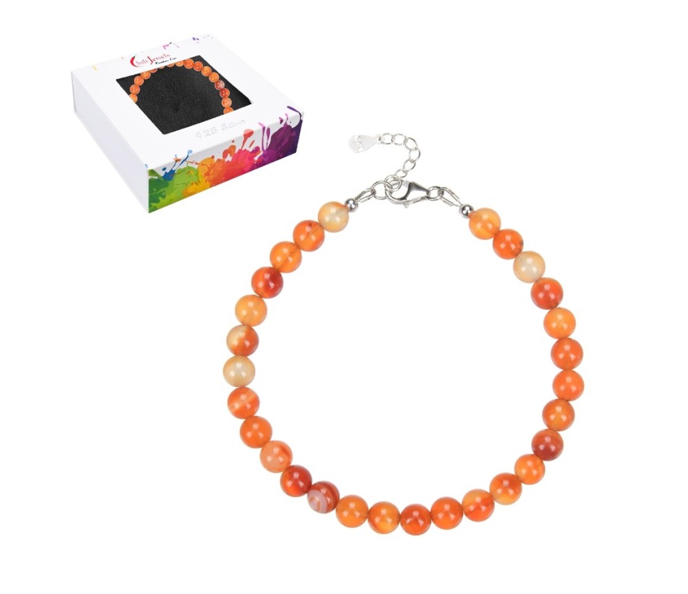 Armband - Carneol (gebr.), 6mm-Kugeln, Verlängerungskettchen, rhodiniert