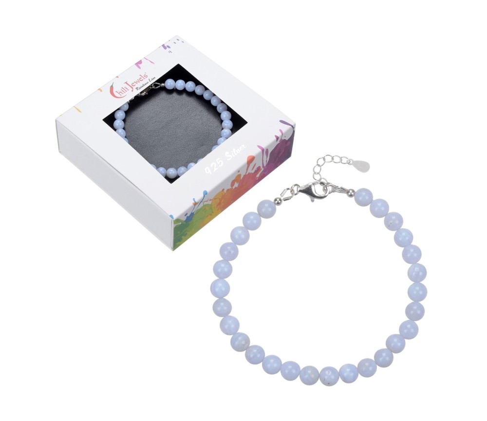 Armband - Chalcedon (blau), 6mm-Kugeln, Verlängerungskettchen, rhodiniert