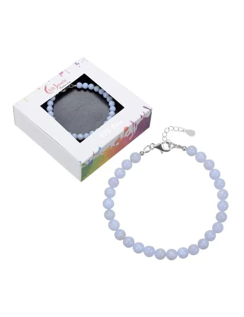 Armband - Chalcedon (blau), 6mm-Kugeln, Verlängerungskettchen, rhodiniert