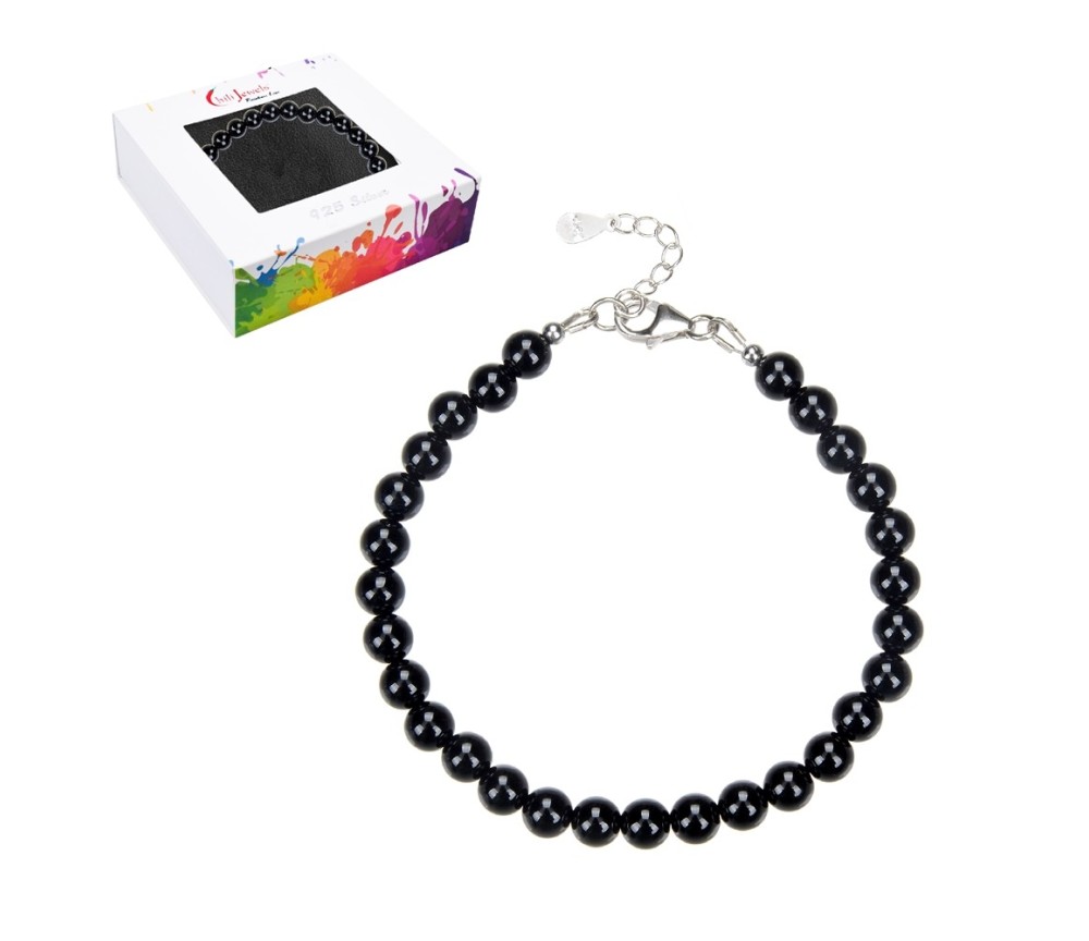 Armband - Onyx, 6mm-Kugeln, Verlängerungskettchen, rhodiniert