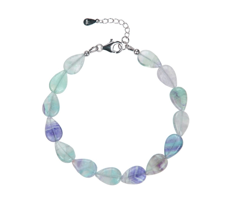 Armband - Fluorit, 08 x 12mmTropfen, Verlängerungskettchen, rhodiniert