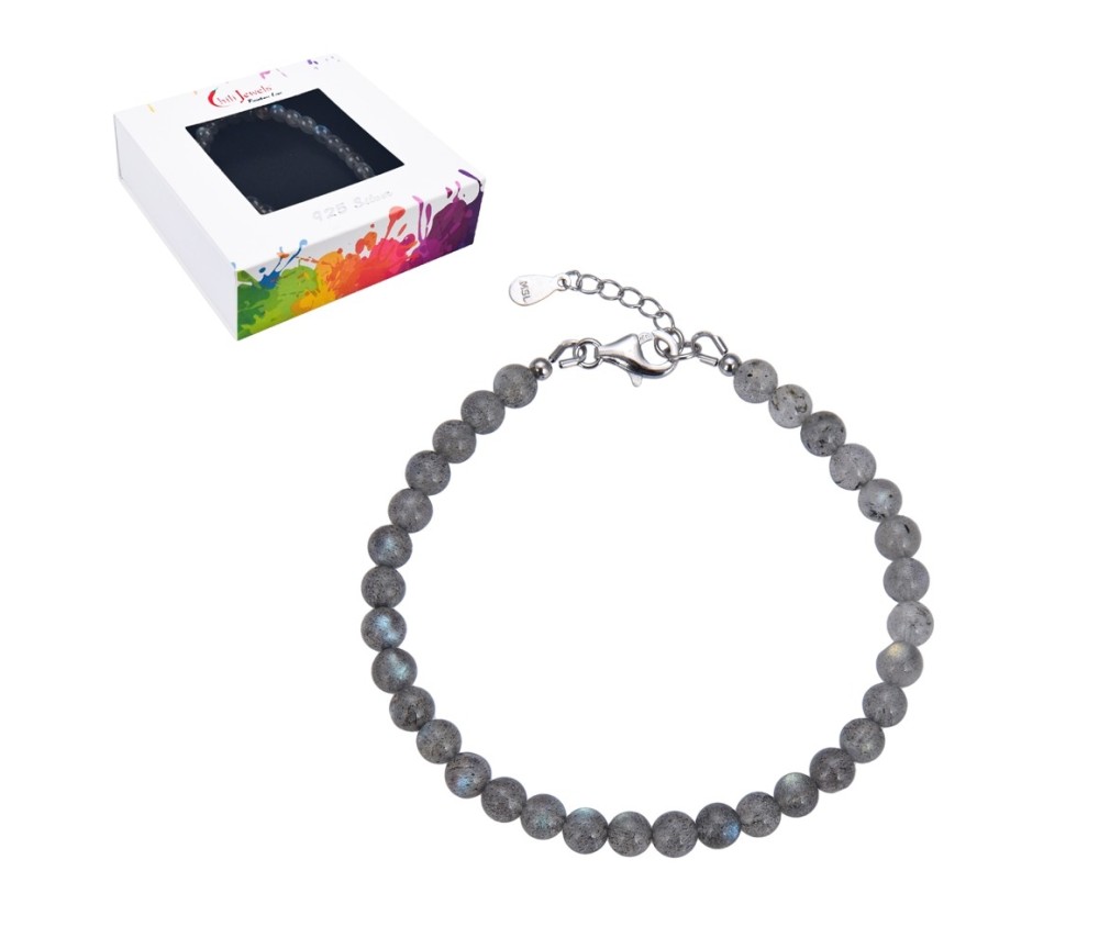 Armband - Labradorit, 6mm-Kugeln, Verlängerungskettchen, rhodiniert