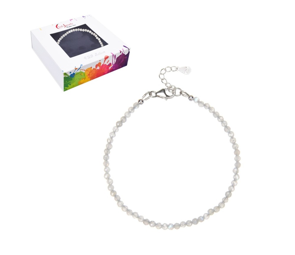 Armband - Labradorit (dunkel), Kugeln (3mm) facettiert, rhodiniert, Verlängerungskettchen