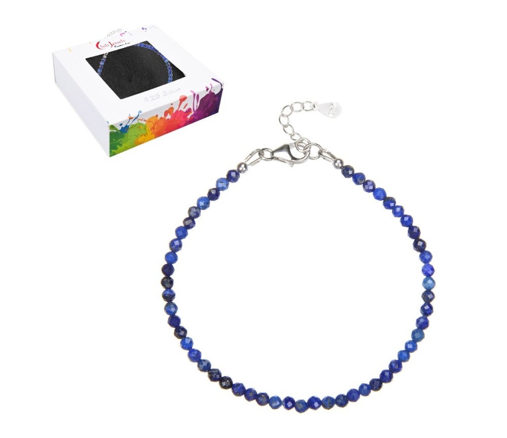 Armband - Lapis Lazuli, Kugeln (3mm) facettiert, rhodiniert, Verlängerungskettchen