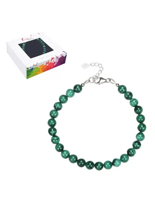Armband - Malachit (stab.), 6mm-Kugeln, Verlängerungskettchen, rhodiniert