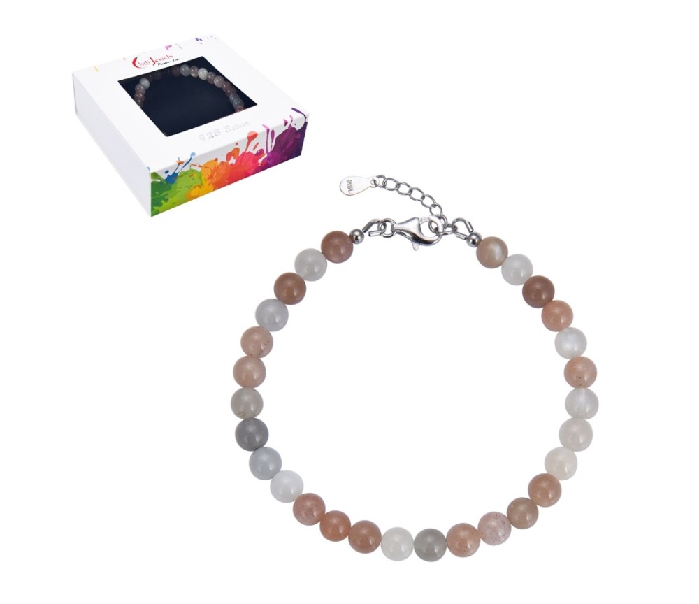 Armband - Mondstein, 6mm-Kugeln, Verlängerungskettchen, rhodiniert