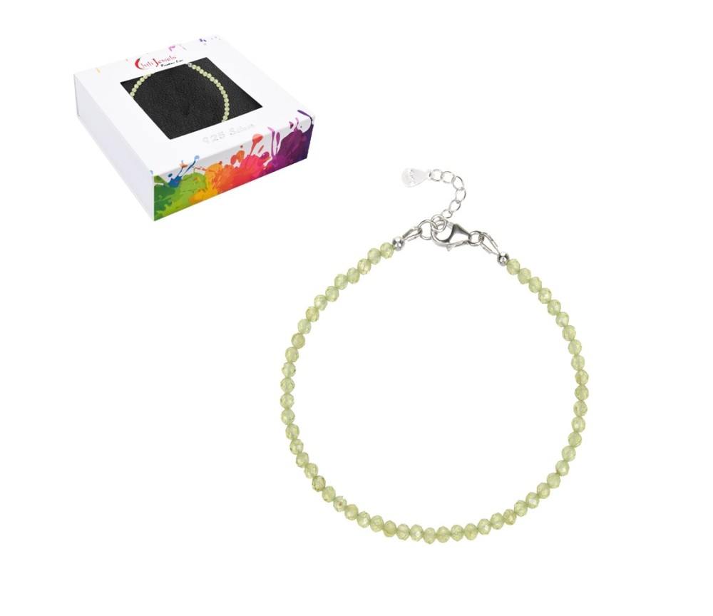 Armband - Peridot, Kugeln (3mm) facettiert, rhodiniert, Verlängerungskettchen