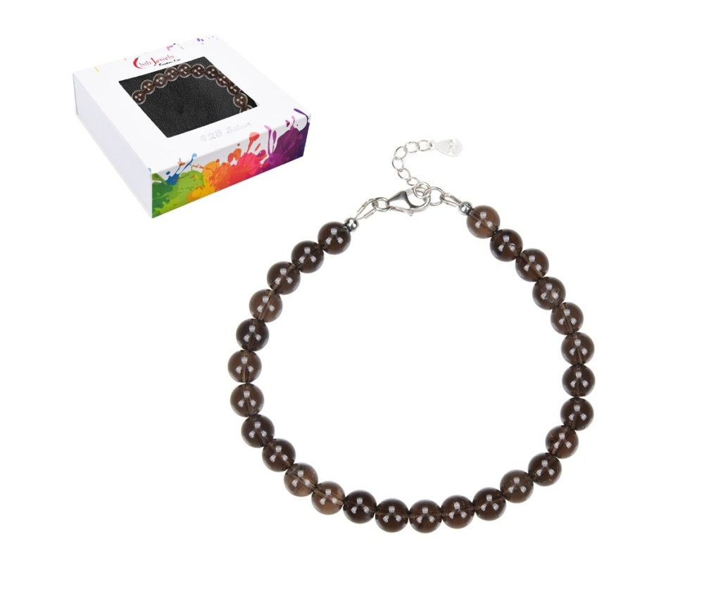 Armband - Rauchquarz, 6mm-Kugeln, Verlängerungskettchen, rhodiniert