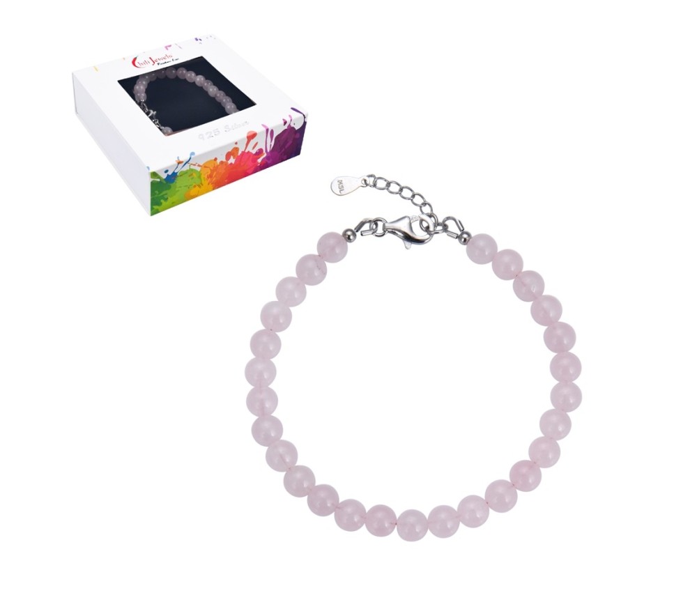 Armband - Rosenquarz, 6mm-Kugeln, Verlängerungskettchen, rhodiniert