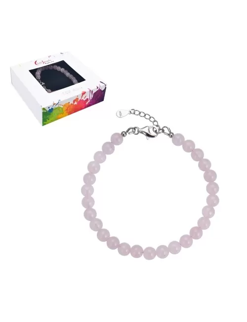 Armband - Rosenquarz, 6mm-Kugeln, Verlängerungskettchen, rhodiniert