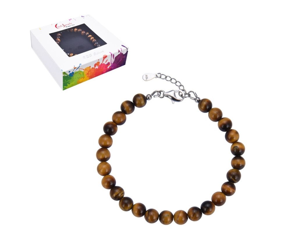 Armband - Tigerauge, 6mm-Kugeln, Verlängerungskettchen, rhodiniert, Geschenkschachtel