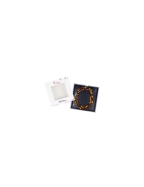 Armband - Tigerauge, 6mm-Kugeln, Verlängerungskettchen, rhodiniert, Geschenkschachtel