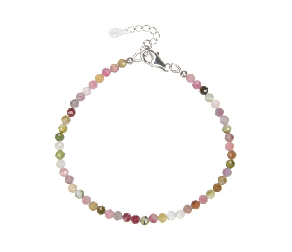 Armband - Turmalin(bunt) Kugeln (3mm), facettiert rhodiniert, Verlängerungskettchen