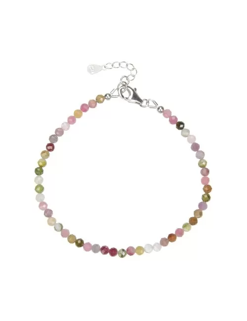 Armband - Turmalin(bunt) Kugeln (3mm), facettiert rhodiniert, Verlängerungskettchen