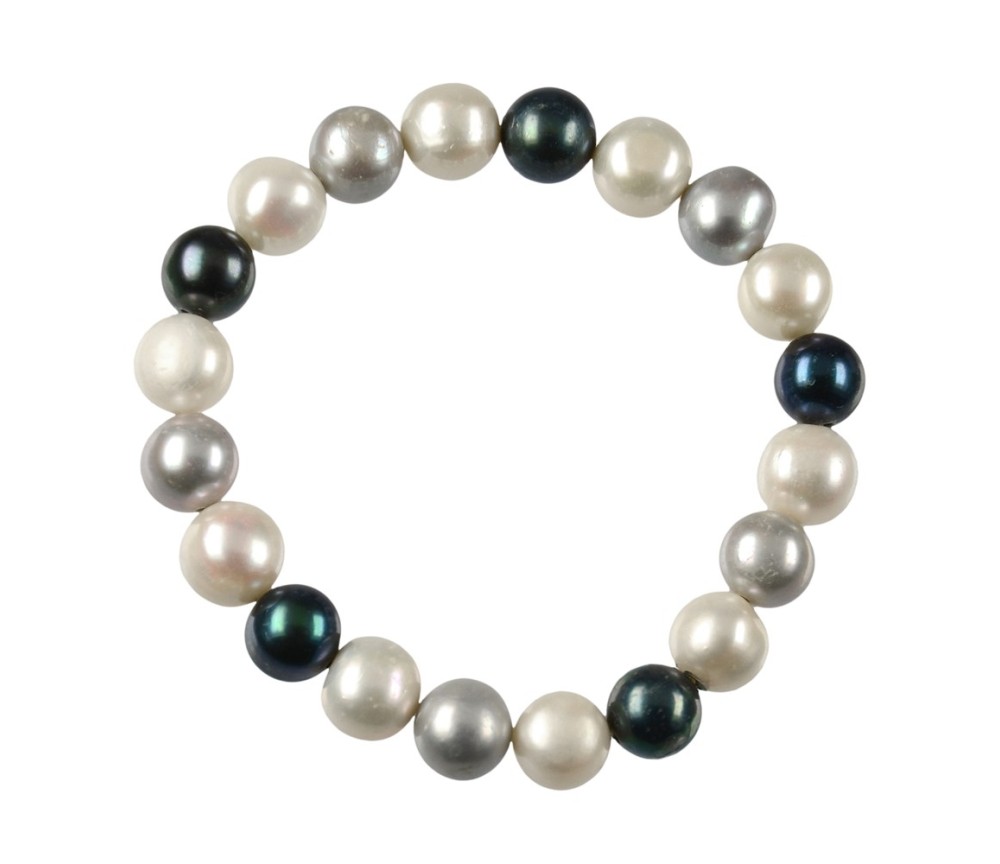 Armband - Perle weiß/silber/petrol, 10-11mm Kugeln