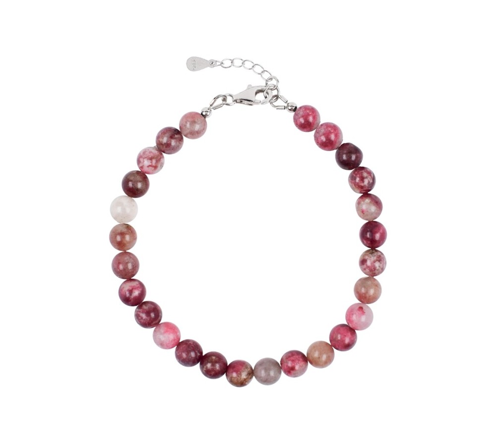 Armband - Thulit, 6mm-Kugeln, Verlängerungskettchen, rhodiniert