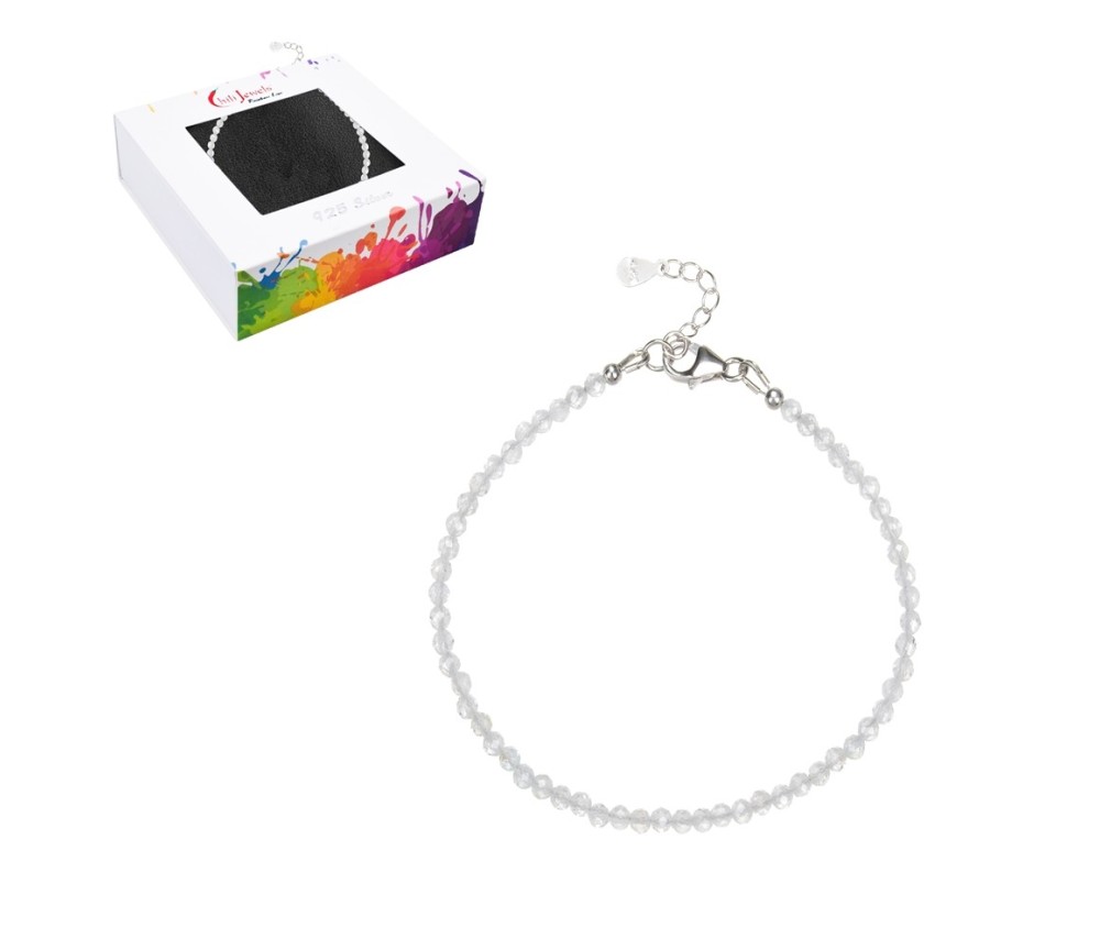Armband - Topas (weiß), Kugeln (3mm) facettiert, rhodiniert, Verlängerungskettchen