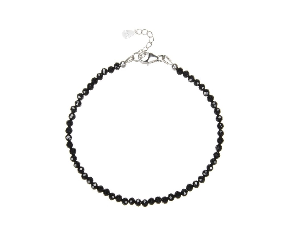 Armband - Kugeln 3mm - Spinell (schwarz), facettiert, rhodiniert, Verlängerungskettchen