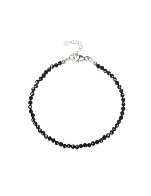 Armband - Kugeln 3mm - Spinell (schwarz), facettiert, rhodiniert, Verlängerungskettchen